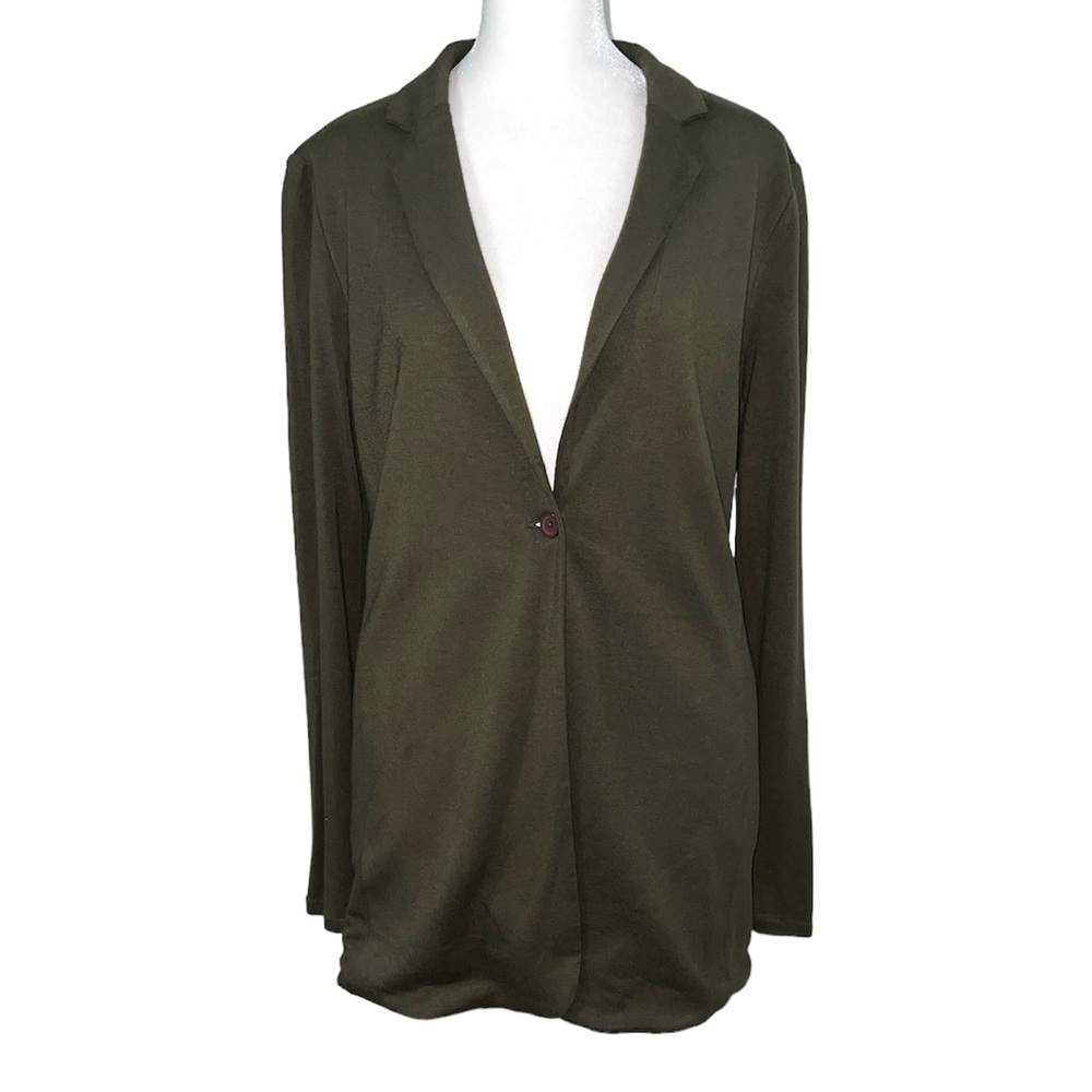 Magaschoni Women’s Olive Green Sweater Size M Long Cardigan Pockets One Button